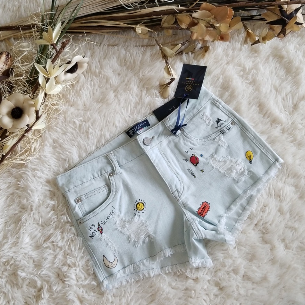 BOOM BOOM JEANS DISTRESSED GRAPHIC DENIM SHORTS